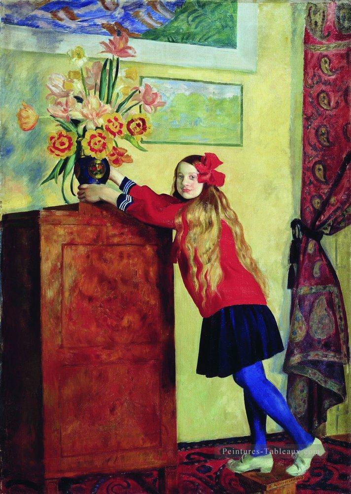 fille avec des fleurs 1917 Boris Mikhailovich Kustodiev Peintures à l'huile